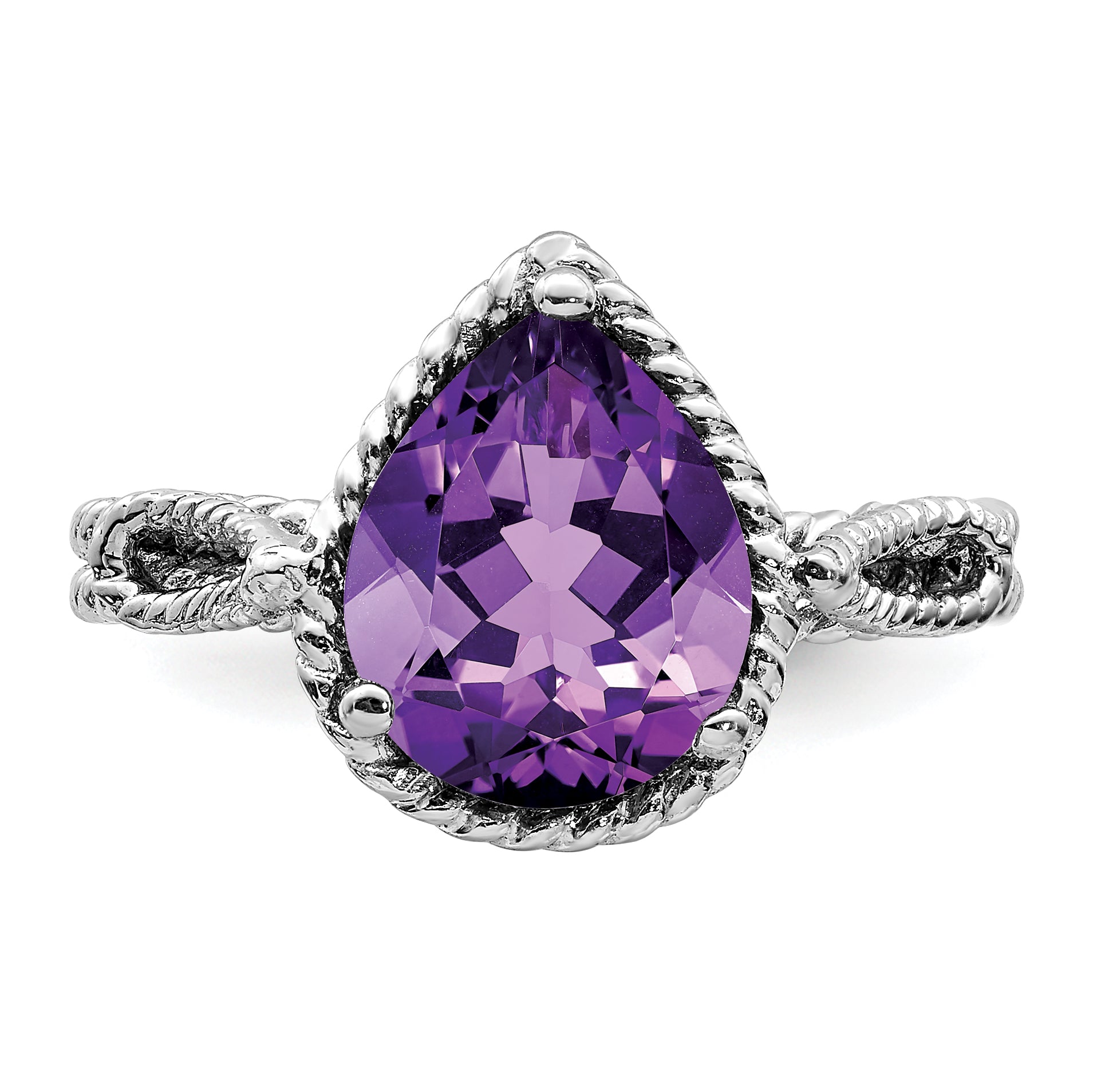 Sterling Silver Rhodium-plated Amethyst Pear Twisted Ring