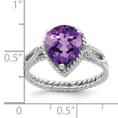 Sterling Silver Rhodium-plated Amethyst Pear Twisted Ring