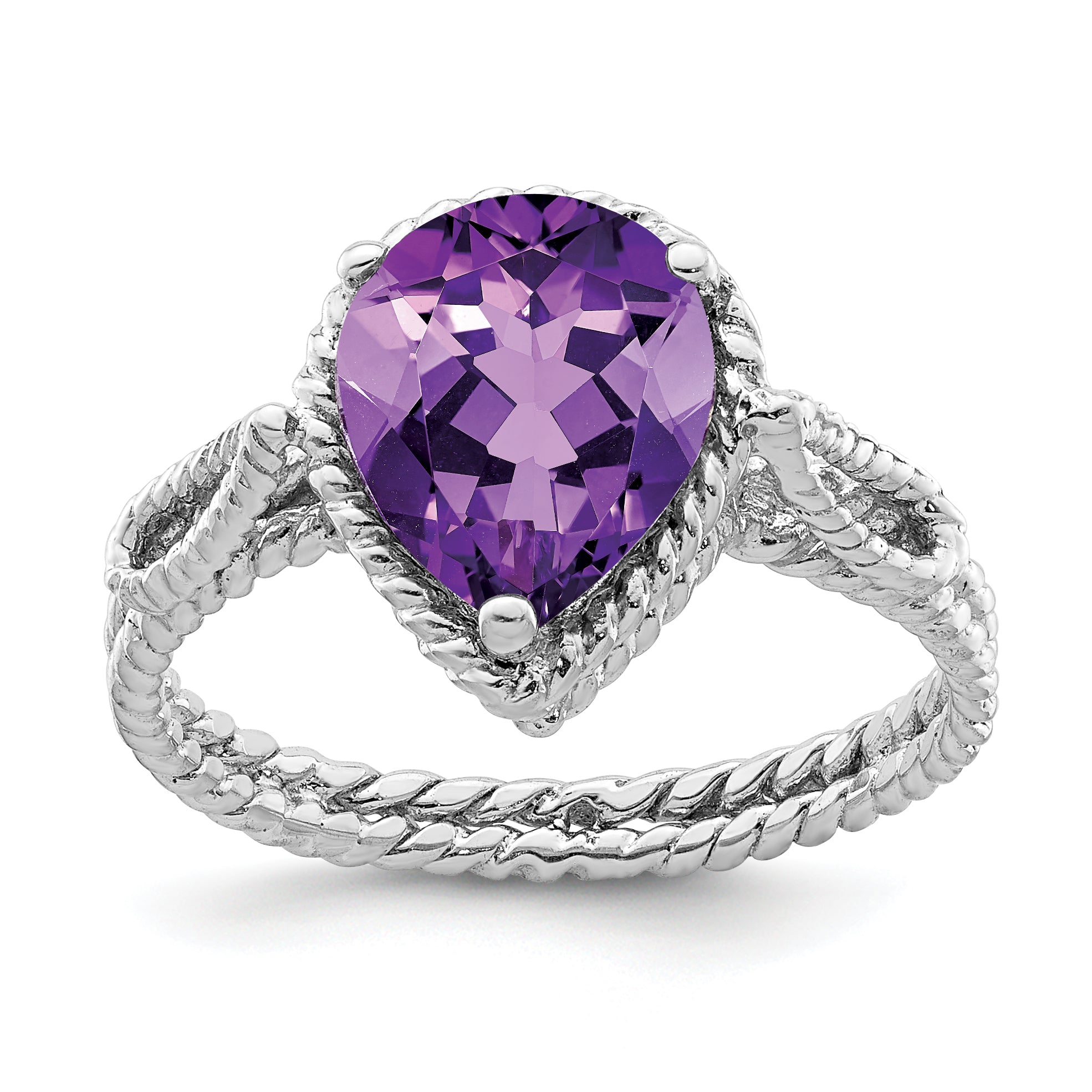 Sterling Silver Rhodium-plated Amethyst Pear Twisted Ring