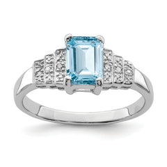 Sterling Silver Rhodium Plated Diamond & Light Swiss Blue Topaz Ring