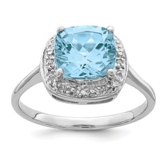 Sterling Silver Rhodium Plated Diamond & Light Swiss Blue Topaz Ring