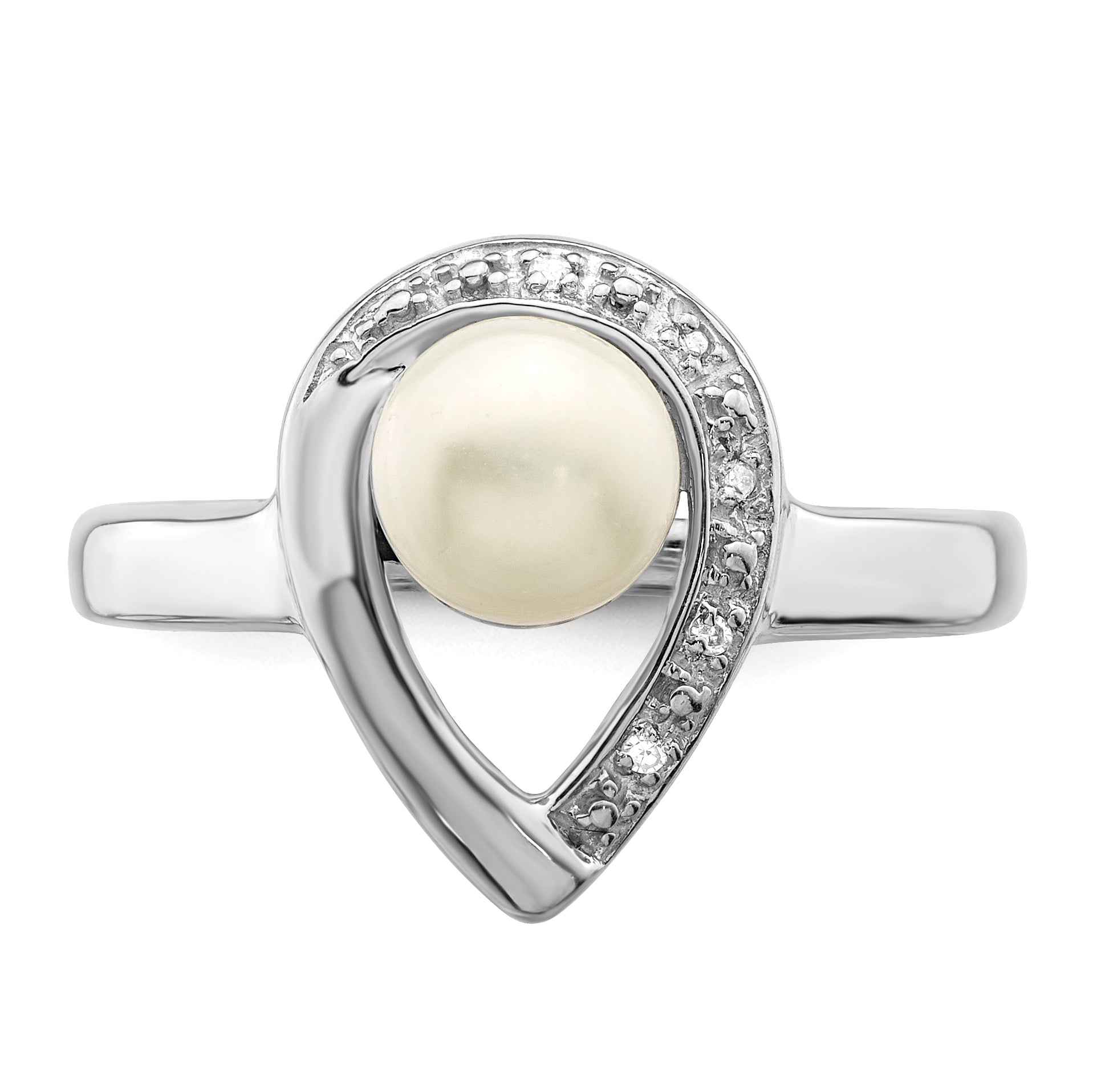 Sterling Silver Rhodium Plated Diamond and Fresh Water Cultured Pearl Ring