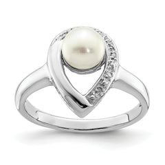 Sterling Silver Rhodium Plated Diamond and Fresh Water Cultured Pearl Ring