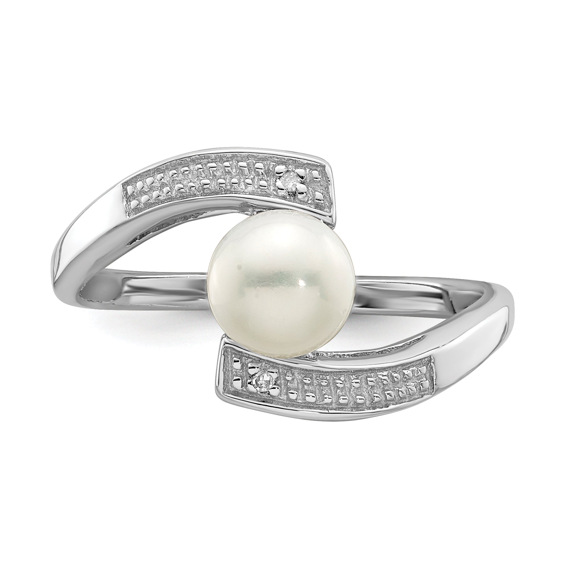 Sterling Silver Rhodium Plated Diamond and Fresh Water Cultured Pearl Ring