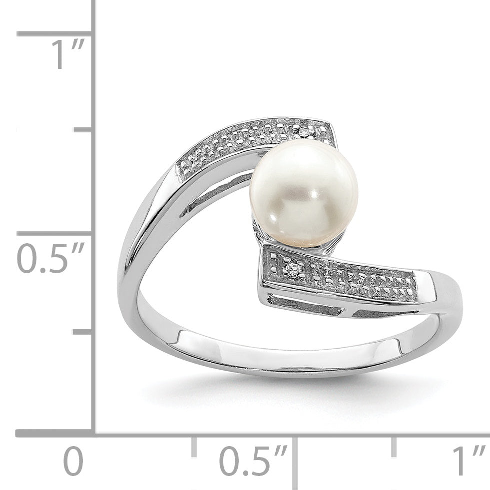 Sterling Silver Rhodium Plated Diamond and Fresh Water Cultured Pearl Ring