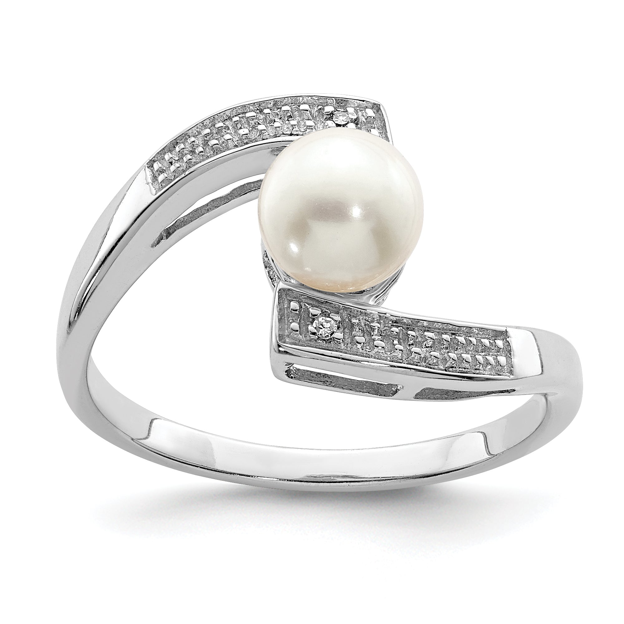 Sterling Silver Rhodium Plated Diamond and Fresh Water Cultured Pearl Ring