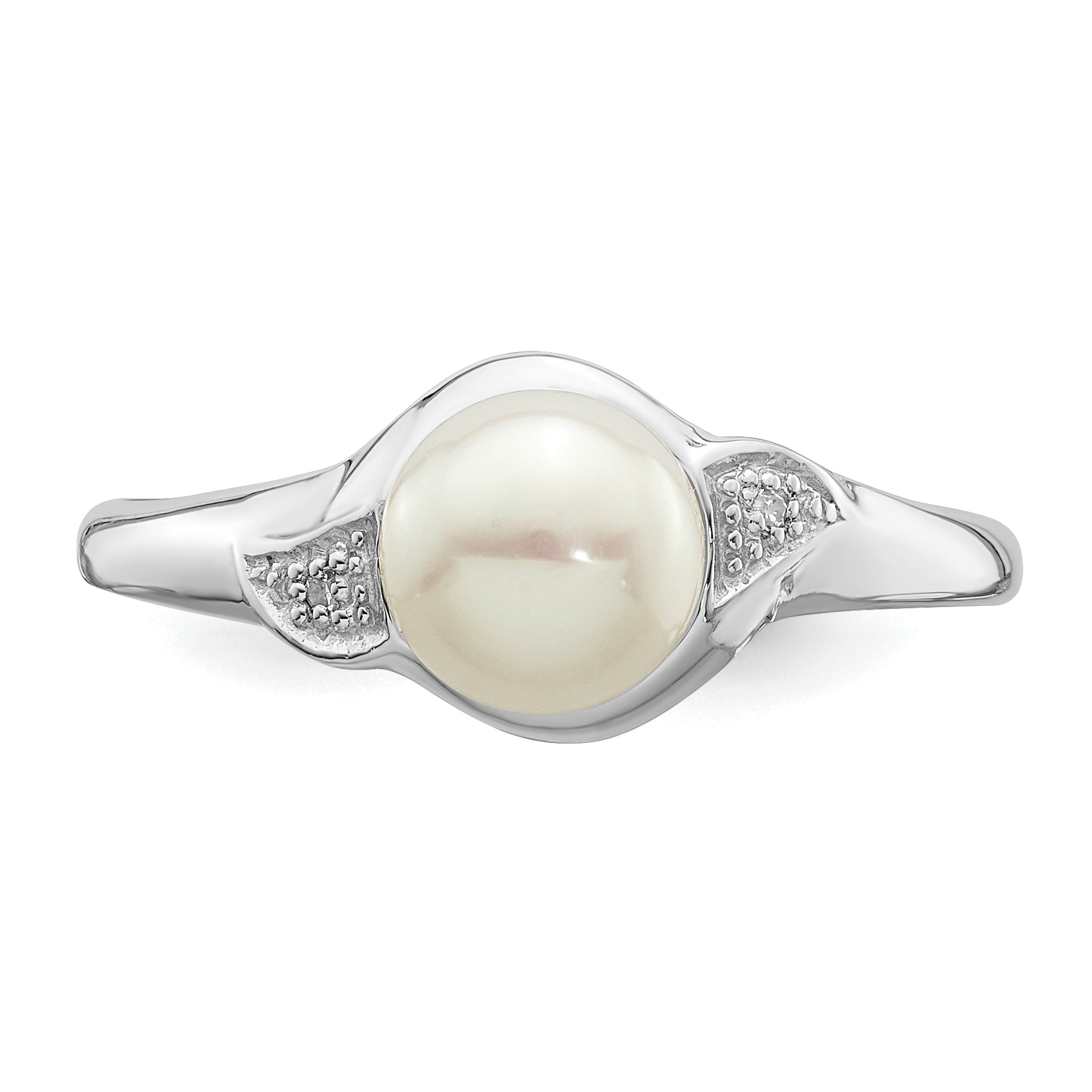 Sterling Silver Rhodium Plated Diamond and Fresh Water Cultured Pearl Ring