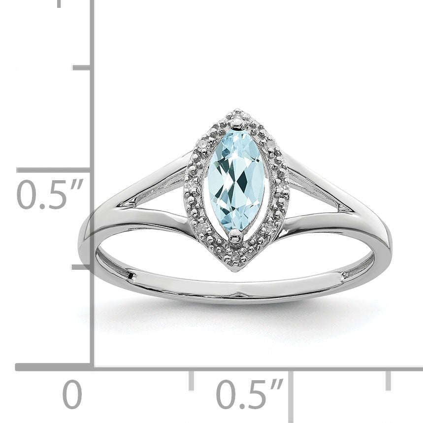 Sterling Silver Rhodium Plated Diamond & Aquamarine Marquise Ring