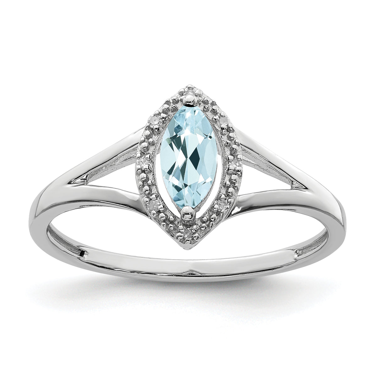 Sterling Silver Rhodium Plated Diamond & Aquamarine Marquise Ring