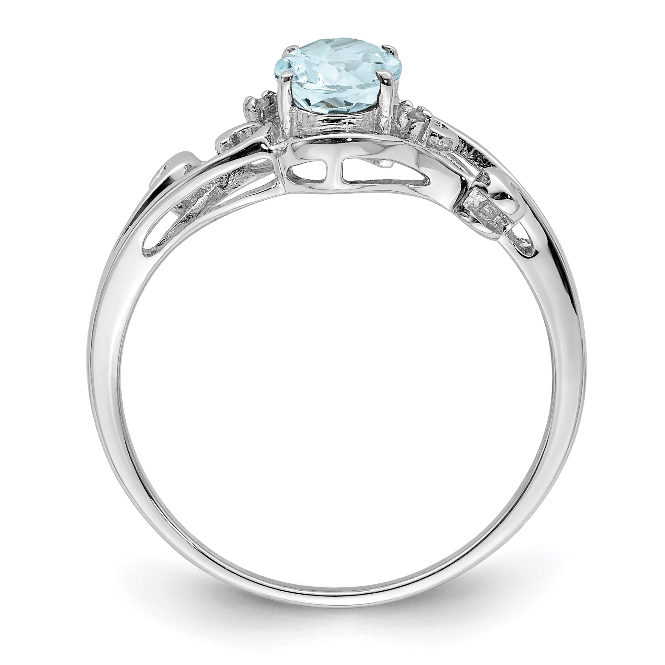 Sterling Silver Rhodium Plated Diamond & Aquamarine Oval Ring