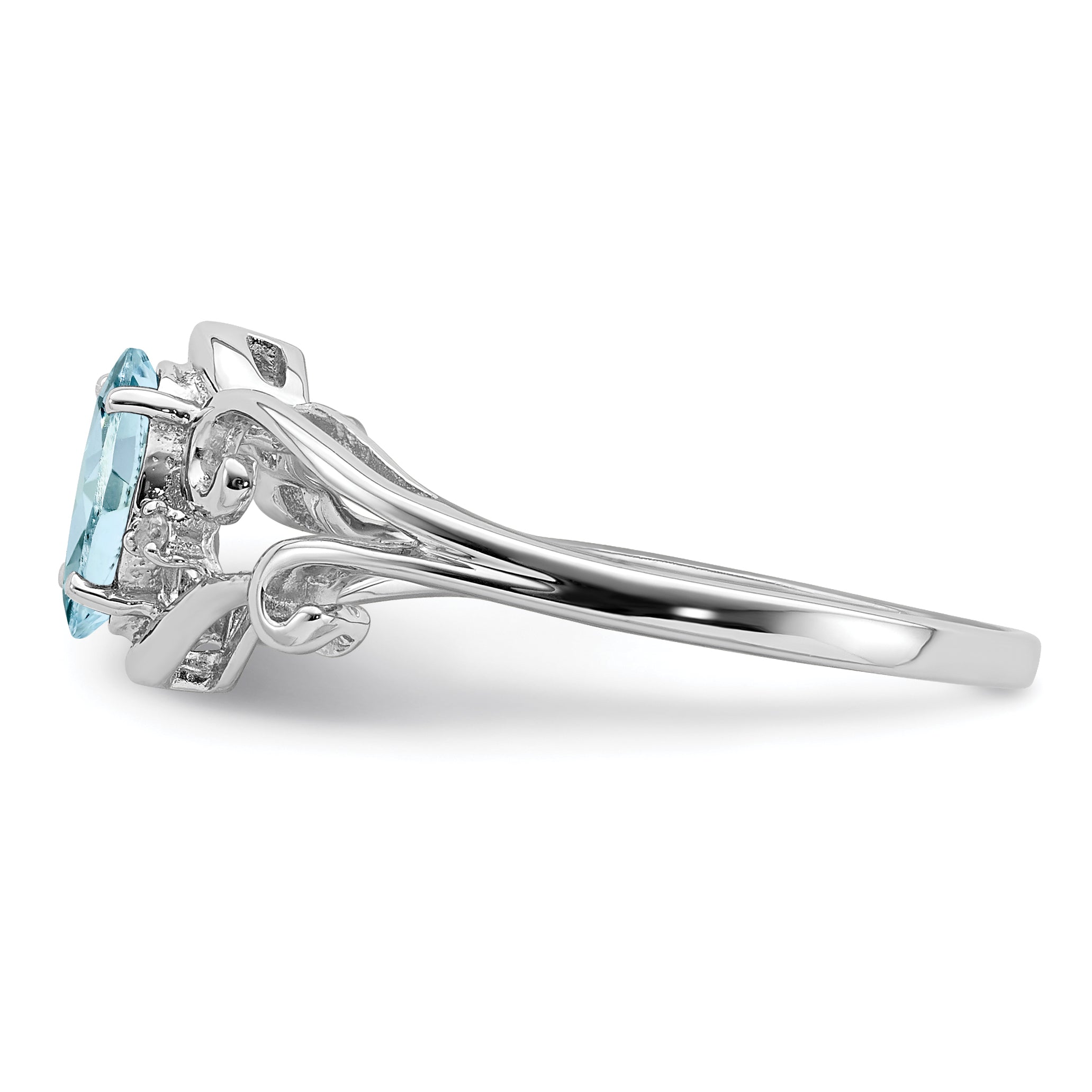 Sterling Silver Rhodium Plated Diamond & Aquamarine Oval Ring