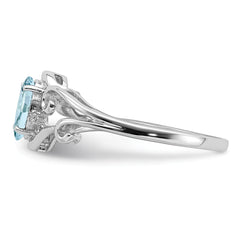 Sterling Silver Rhodium Plated Diamond & Aquamarine Oval Ring