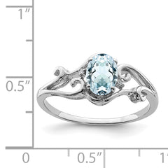 Sterling Silver Rhodium Plated Diamond & Aquamarine Oval Ring