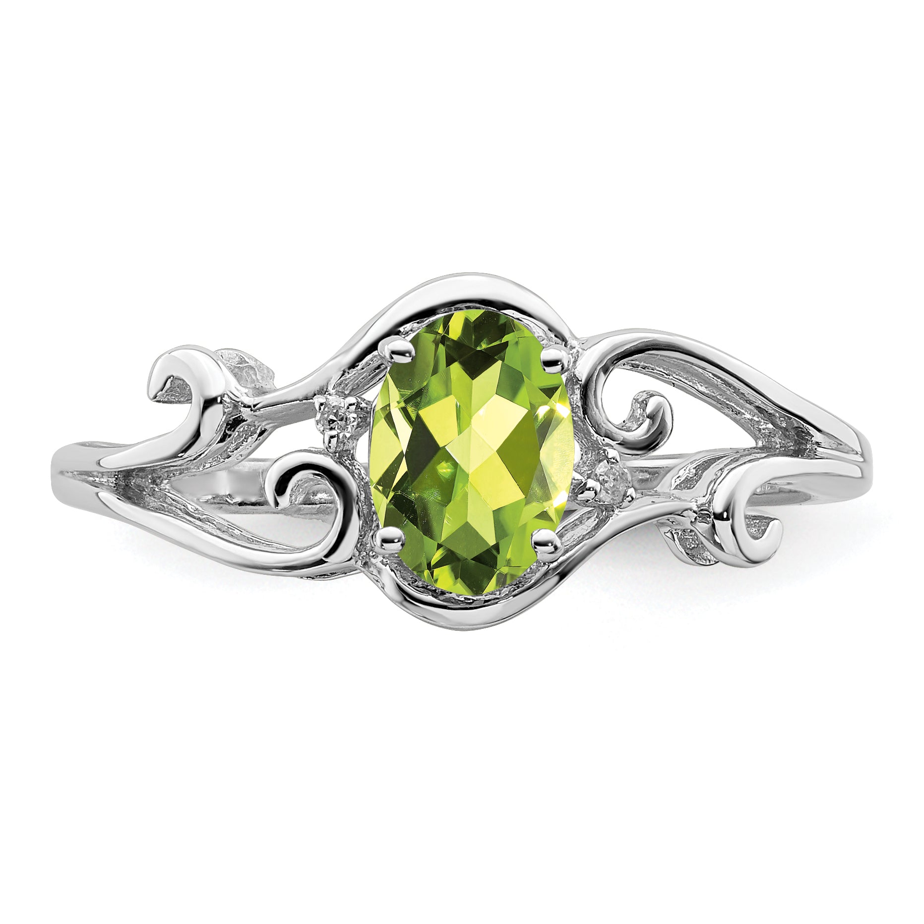 Sterling Silver Rhodium Plated Diamond and Peridot Oval Ring