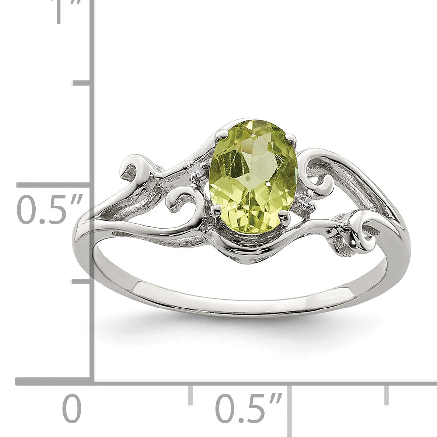 Sterling Silver Rhodium Plated Diamond and Peridot Oval Ring