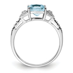 Sterling Silver Rhodium Plated Diamond and Aquamarine Ring