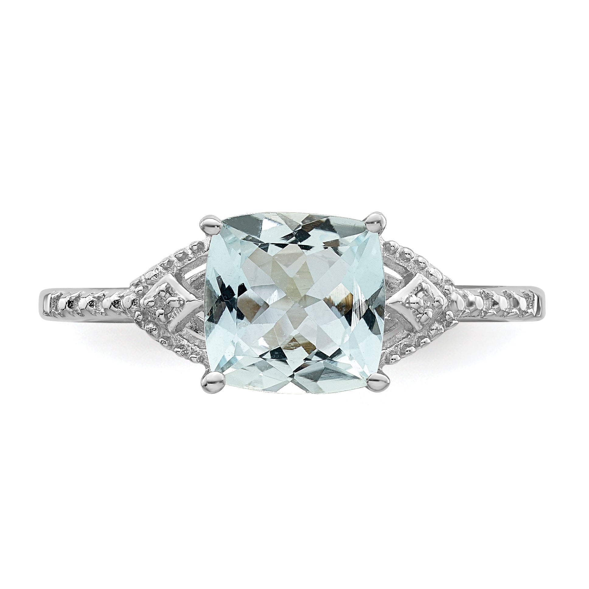 Sterling Silver Rhodium Plated Diamond and Aquamarine Ring