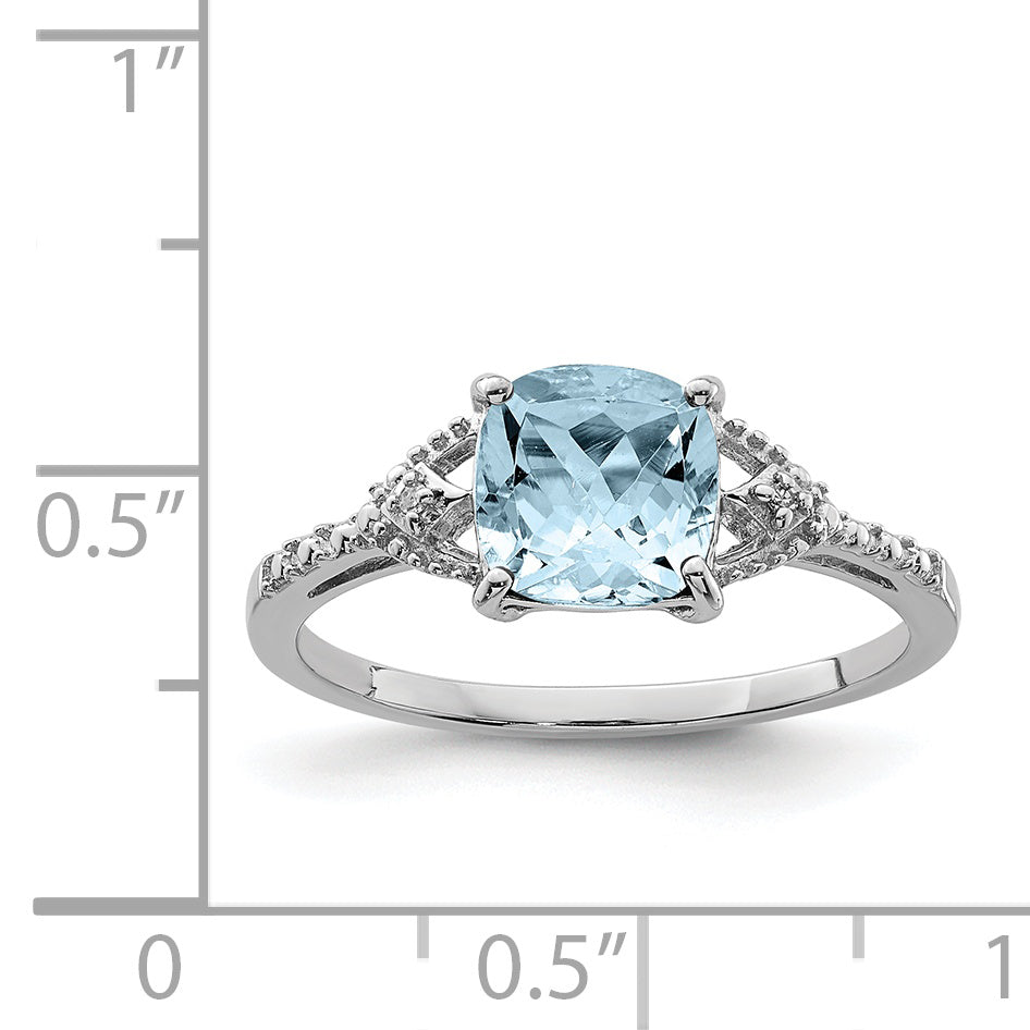 Sterling Silver Rhodium Plated Diamond and Aquamarine Ring