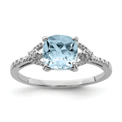 Sterling Silver Rhodium Plated Diamond and Aquamarine Ring