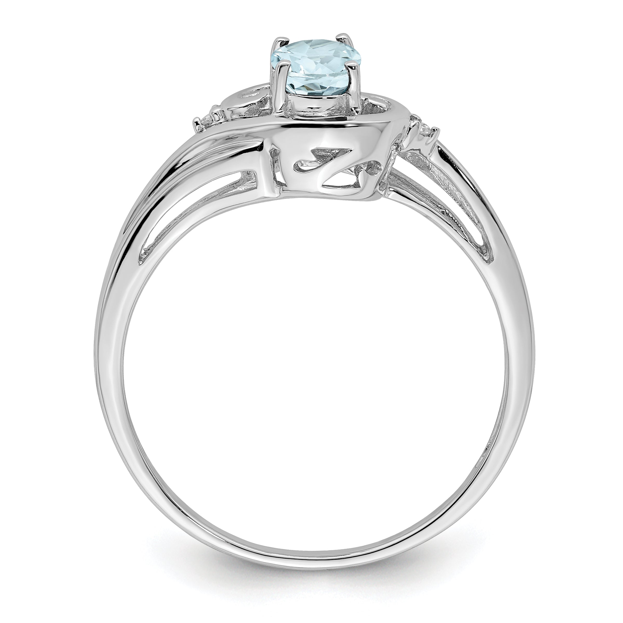 Sterling Silver Rhodium Plated Diamond & Aquamarine Ring