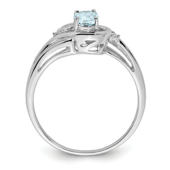 Sterling Silver Rhodium Plated Diamond & Aquamarine Ring