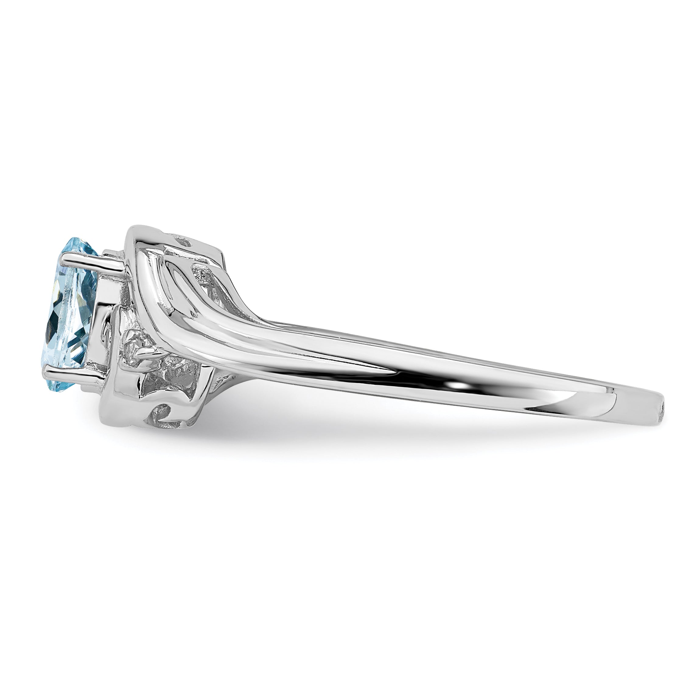 Sterling Silver Rhodium Plated Diamond & Aquamarine Ring