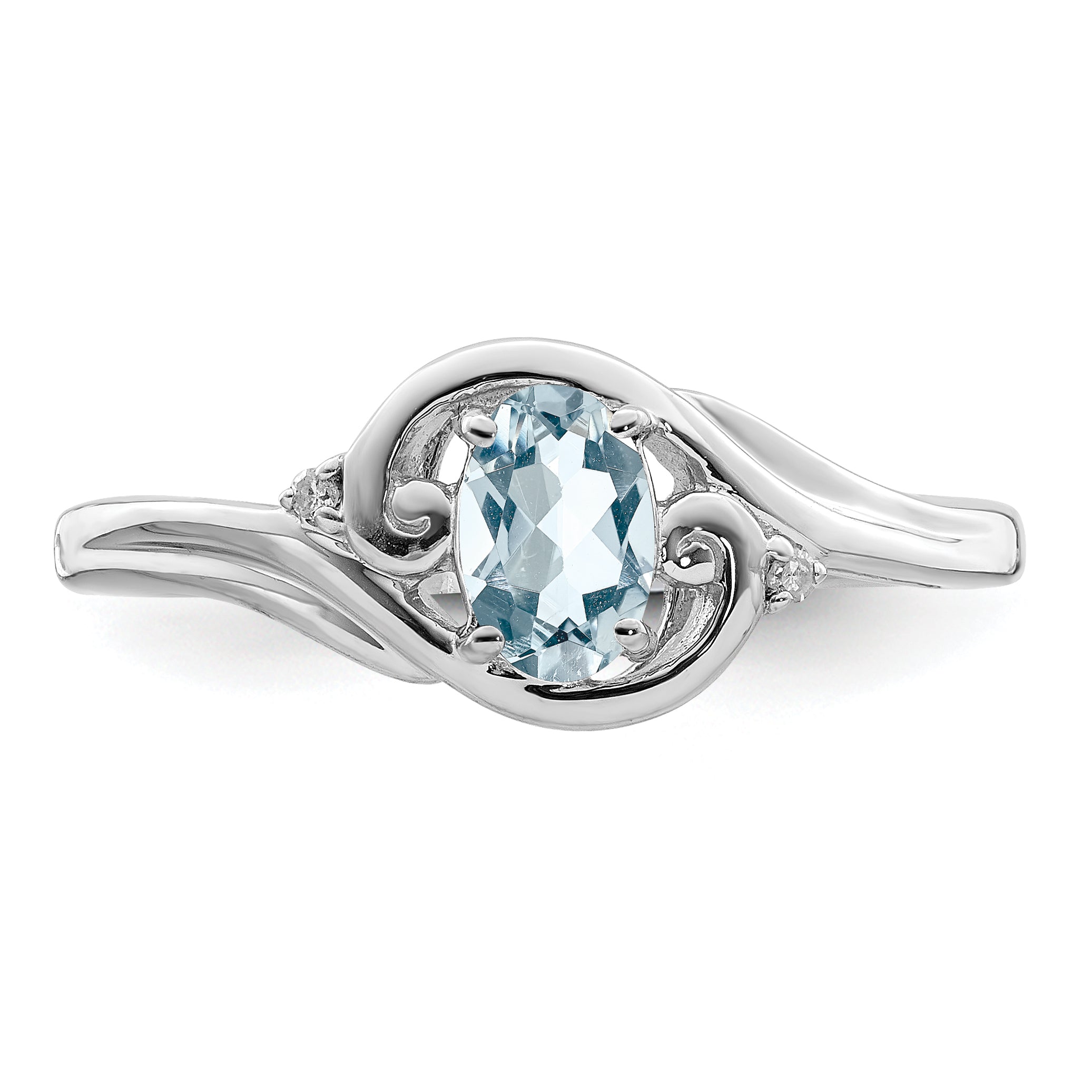 Sterling Silver Rhodium Plated Diamond & Aquamarine Ring