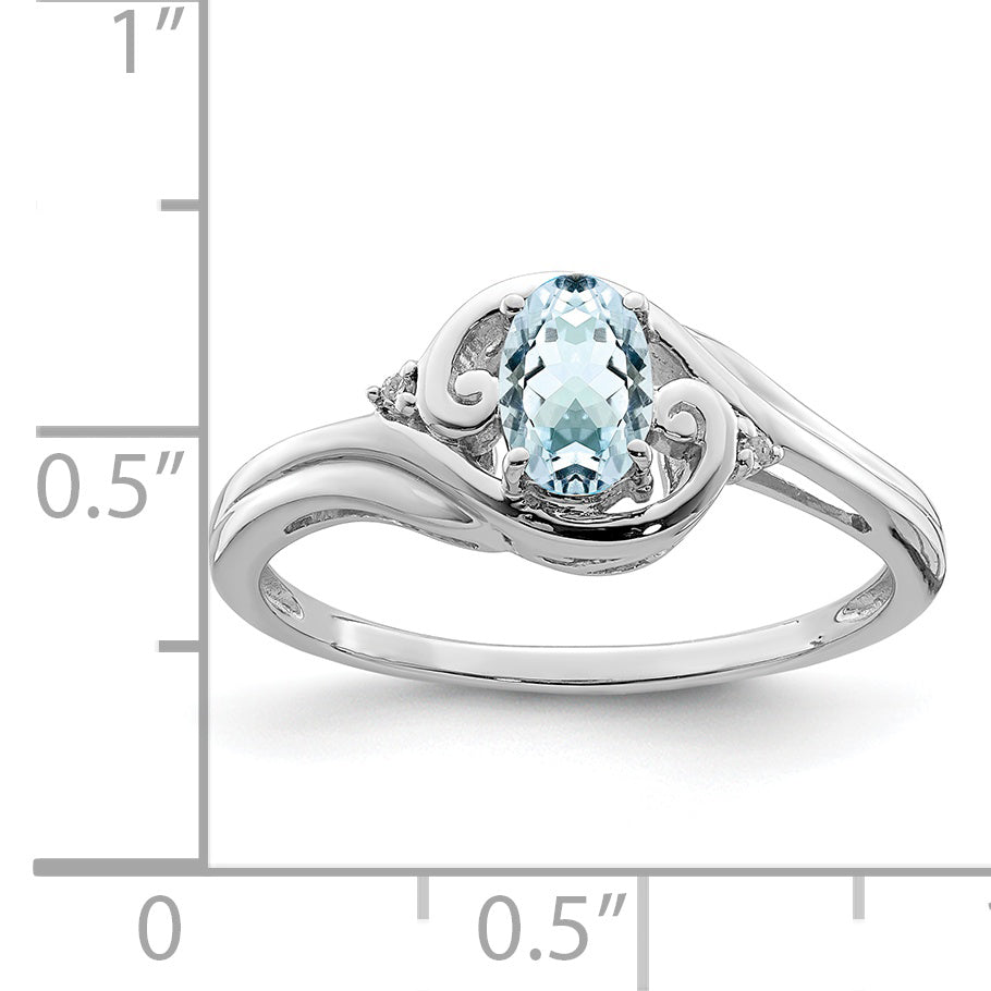 Sterling Silver Rhodium Plated Diamond & Aquamarine Ring