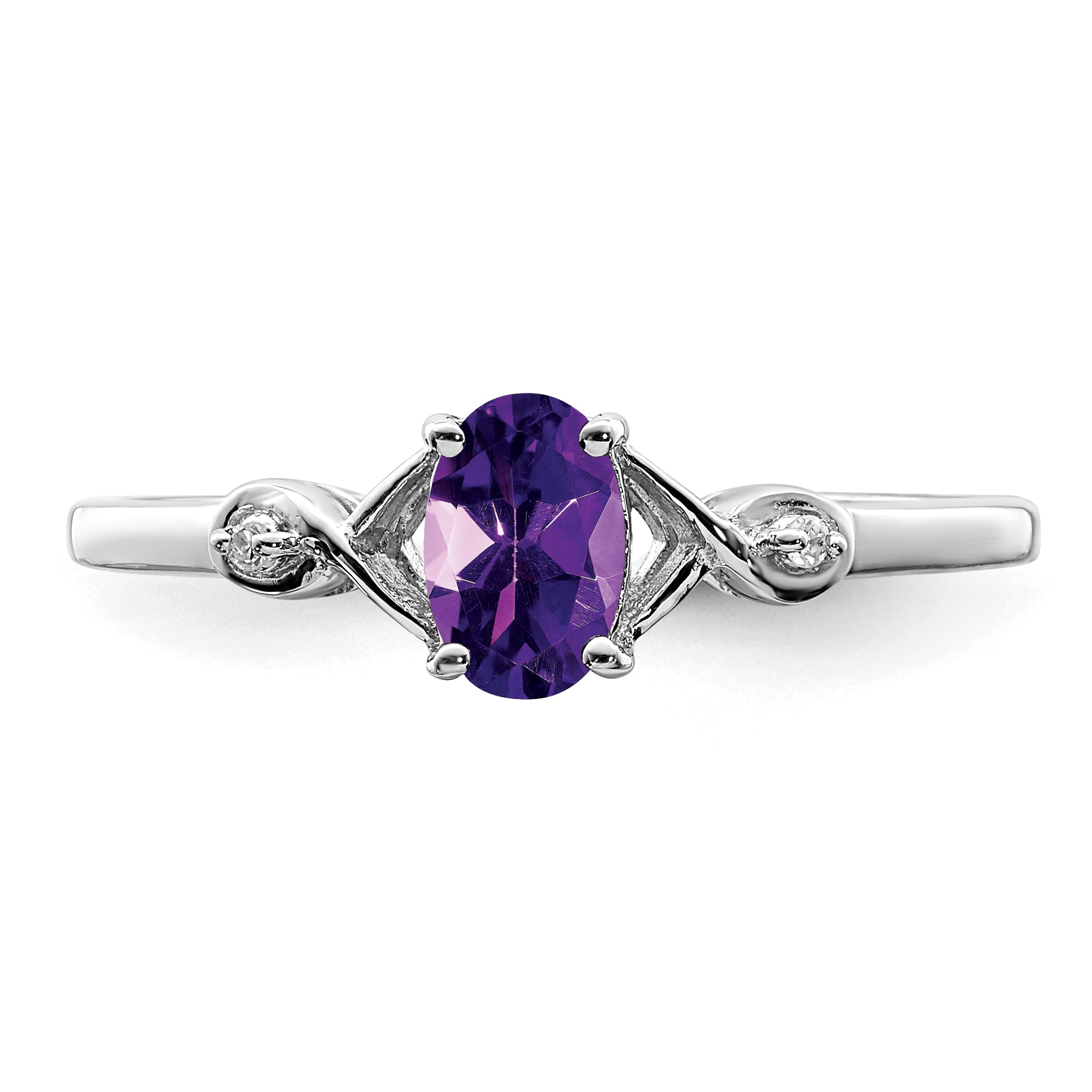 Sterling Silver Rhodium Plated Diamond and Amethyst Oval Ring