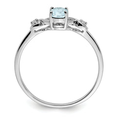 Sterling Silver Rhodium Plated Diamond and Aquamarine Oval Ring