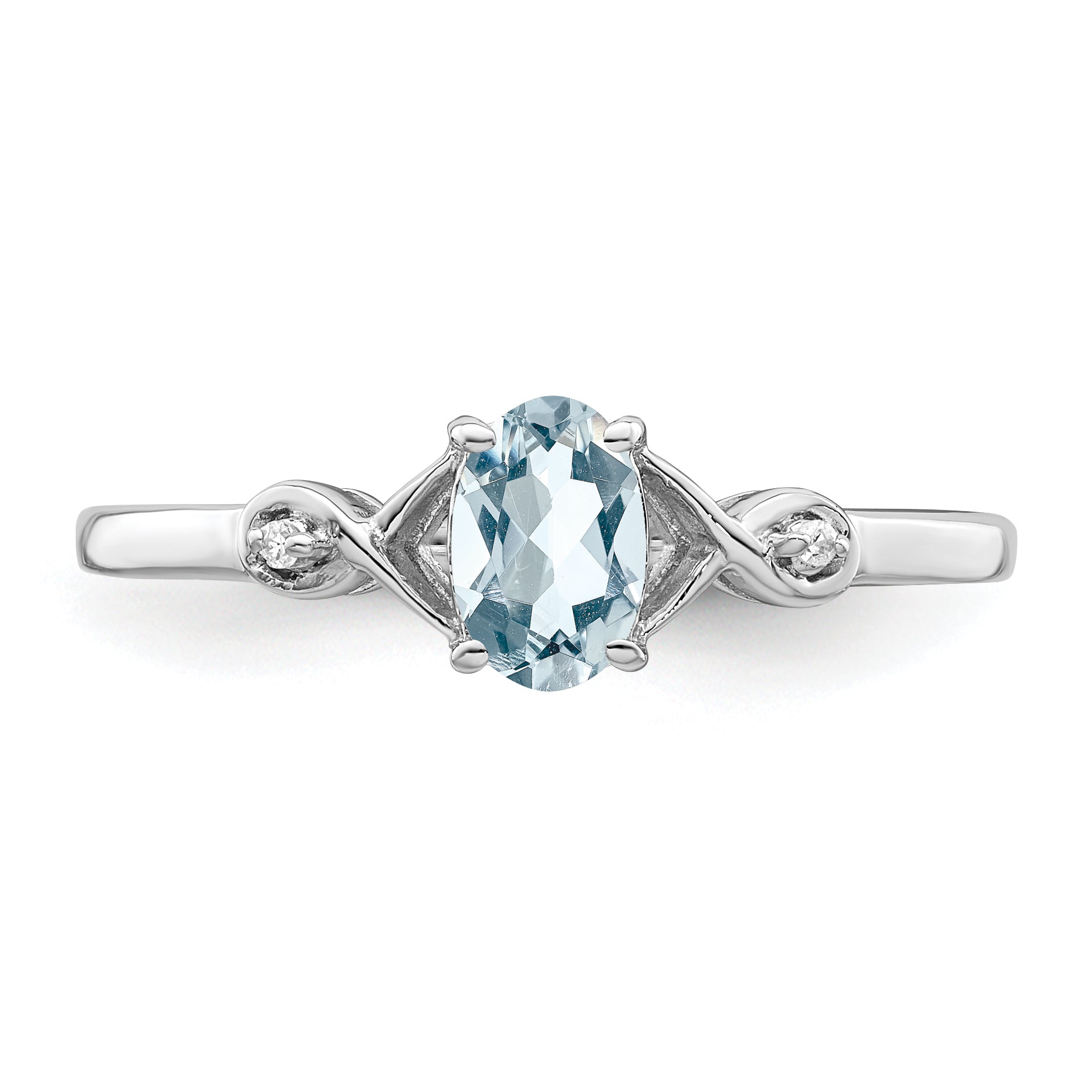 Sterling Silver Rhodium Plated Diamond and Aquamarine Oval Ring