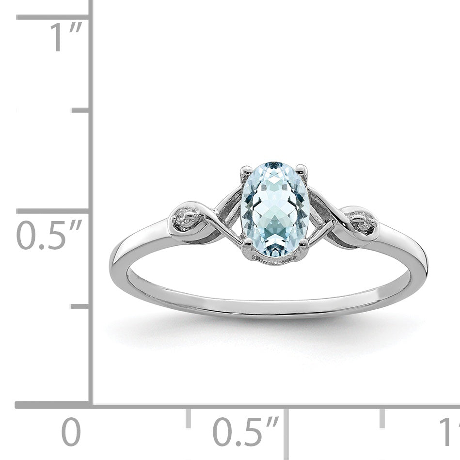 Sterling Silver Rhodium Plated Diamond and Aquamarine Oval Ring