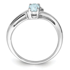 Sterling Silver Rhodium Plated Diamond & Aquamarine Oval Ring