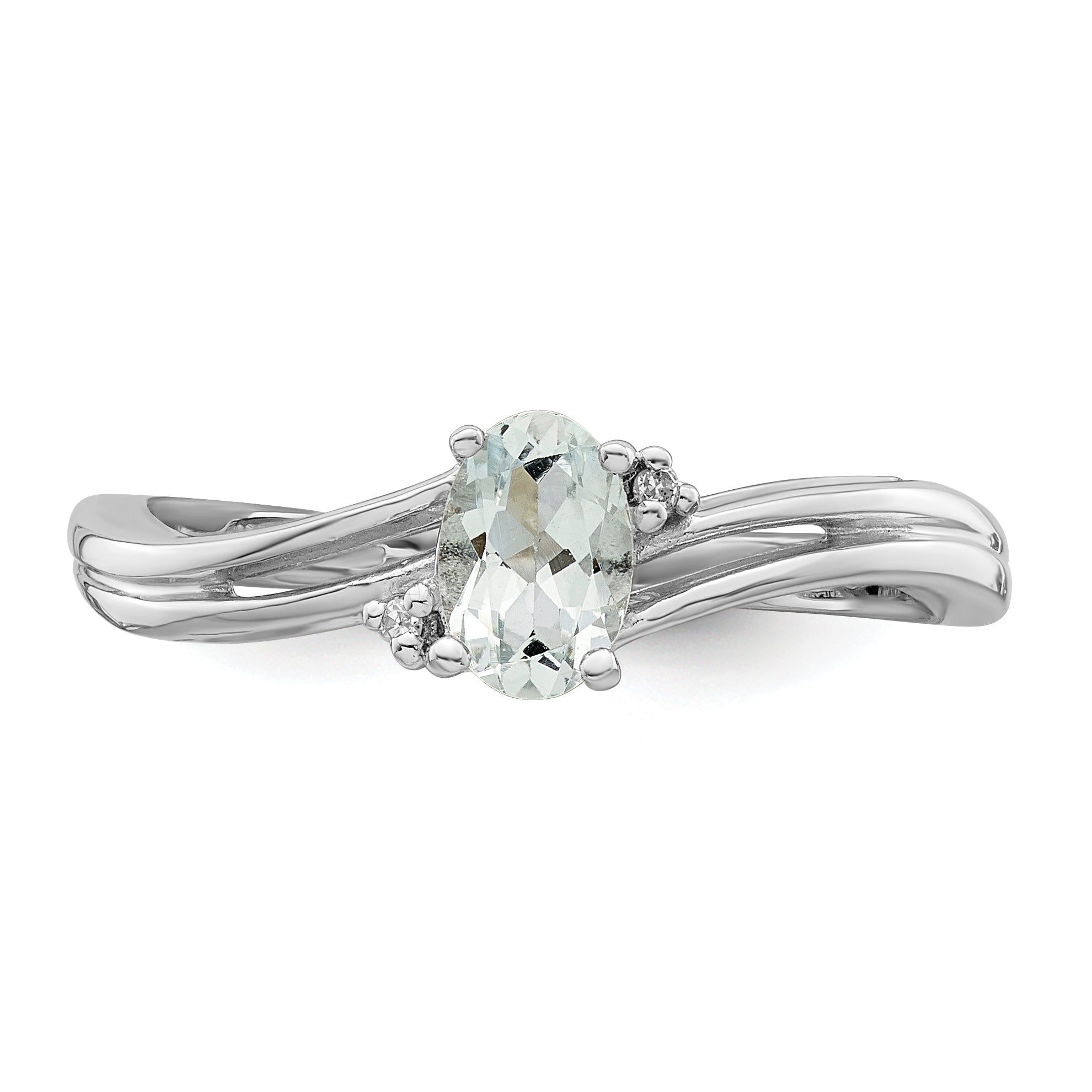 Sterling Silver Rhodium Plated Diamond & Aquamarine Oval Ring