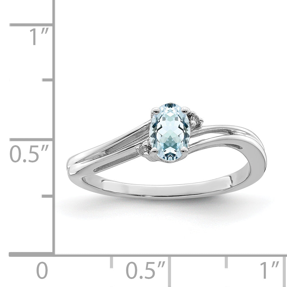 Sterling Silver Rhodium Plated Diamond & Aquamarine Oval Ring