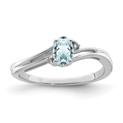 Sterling Silver Rhodium Plated Diamond & Aquamarine Oval Ring