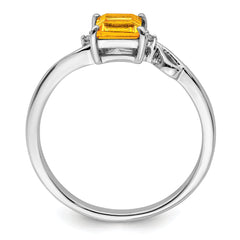 Sterling Silver Rhodium Plated Diamond & Citrine Square Ring