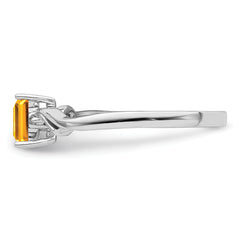 Sterling Silver Rhodium Plated Diamond & Citrine Square Ring