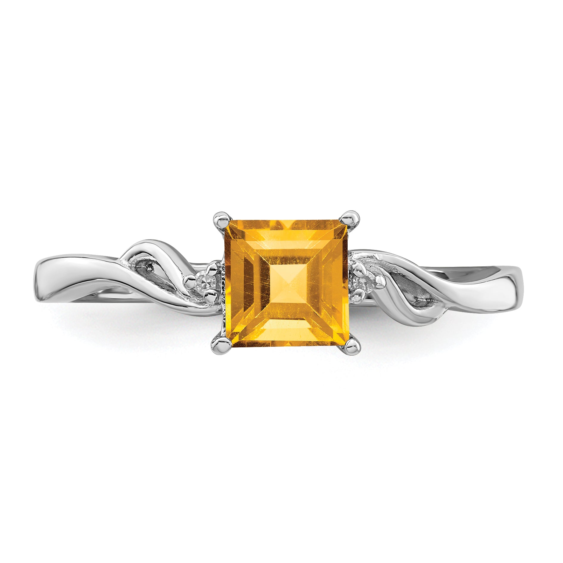 Sterling Silver Rhodium Plated Diamond & Citrine Square Ring