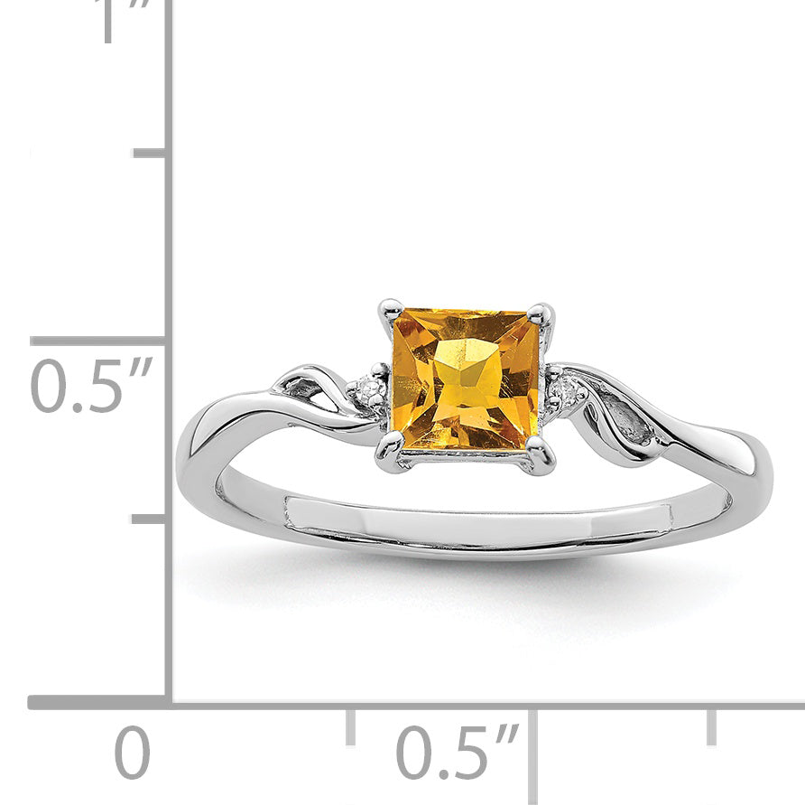 Sterling Silver Rhodium Plated Diamond & Citrine Square Ring