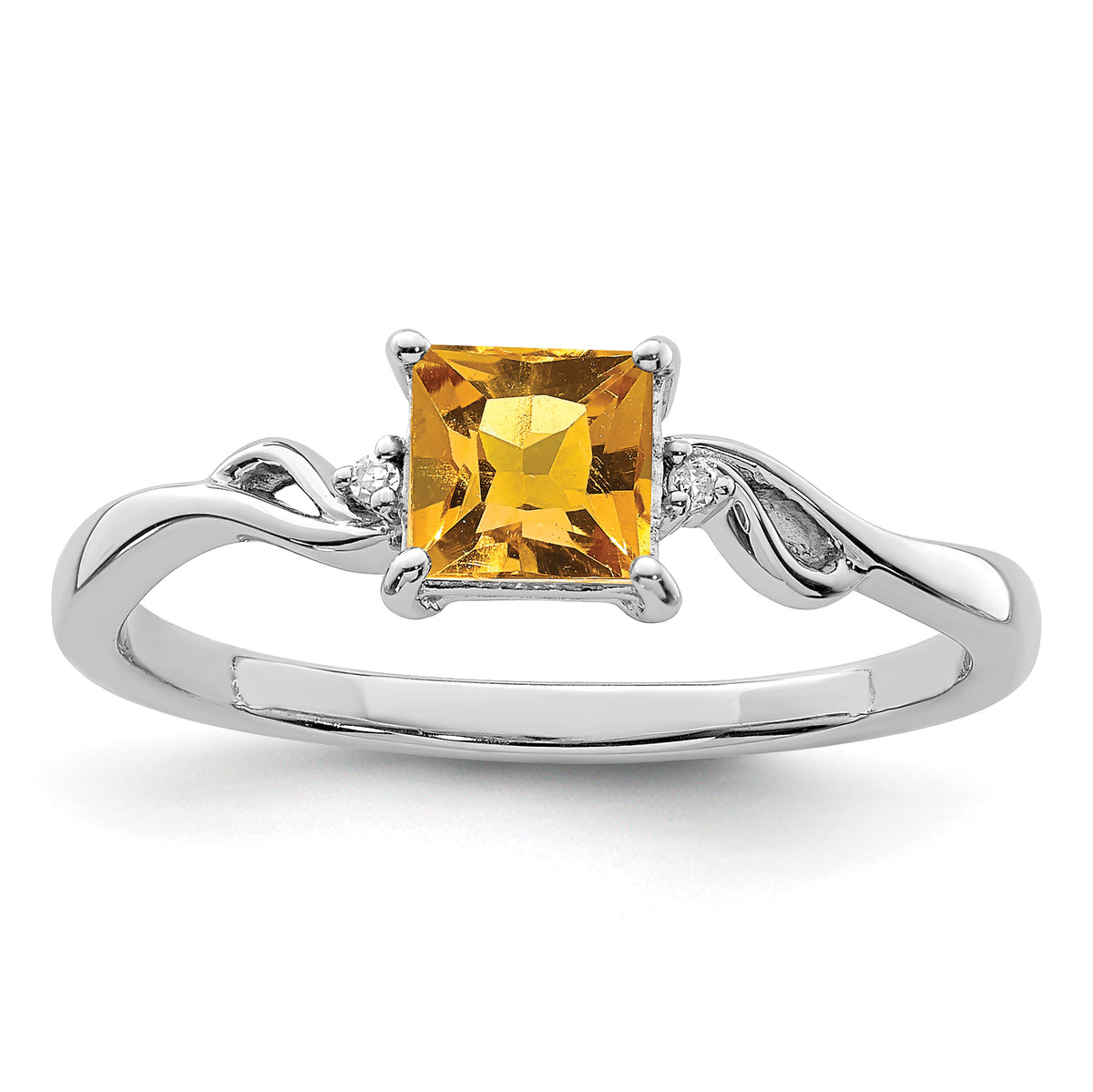 Sterling Silver Rhodium Plated Diamond & Citrine Square Ring