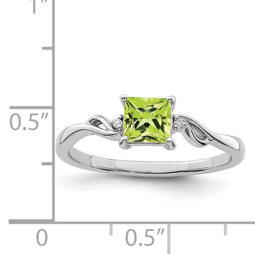 Sterling Silver Rhodium Plated Diamond & Peridot Square Ring