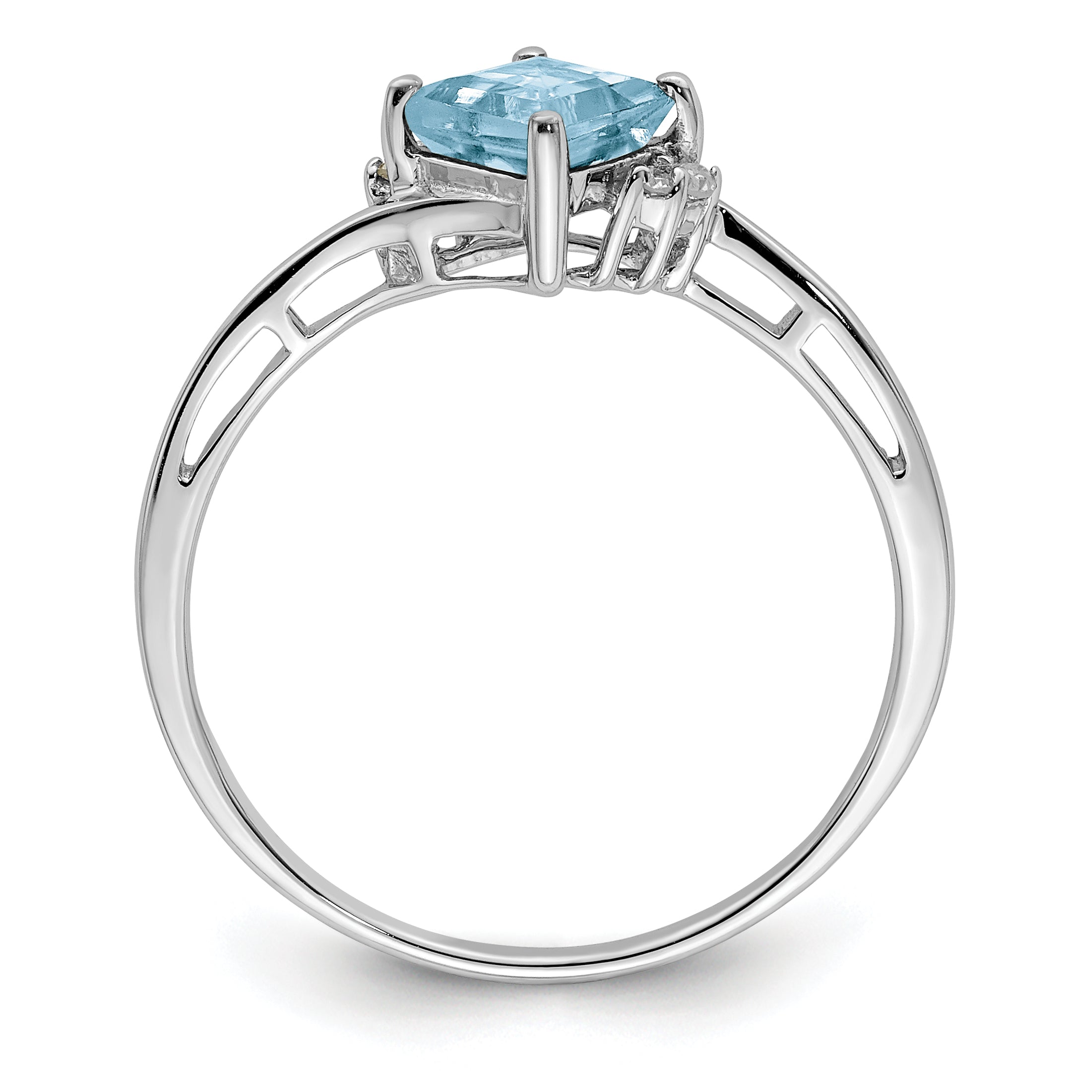 Sterling Silver Rhodium Plated Diamond & Aquamarine Square Ring