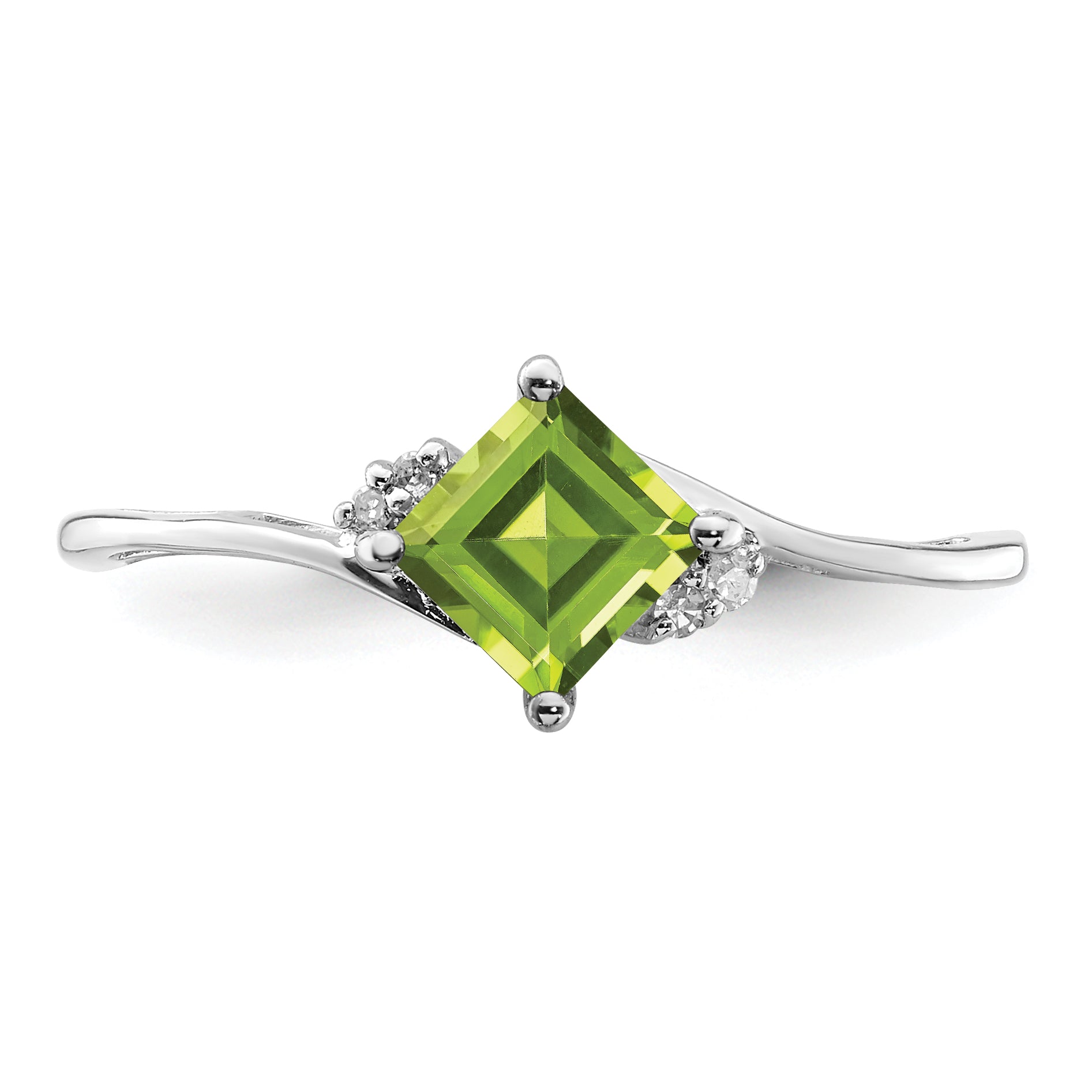 Sterling Silver Rhodium Plated Diamond & Peridot Square Ring