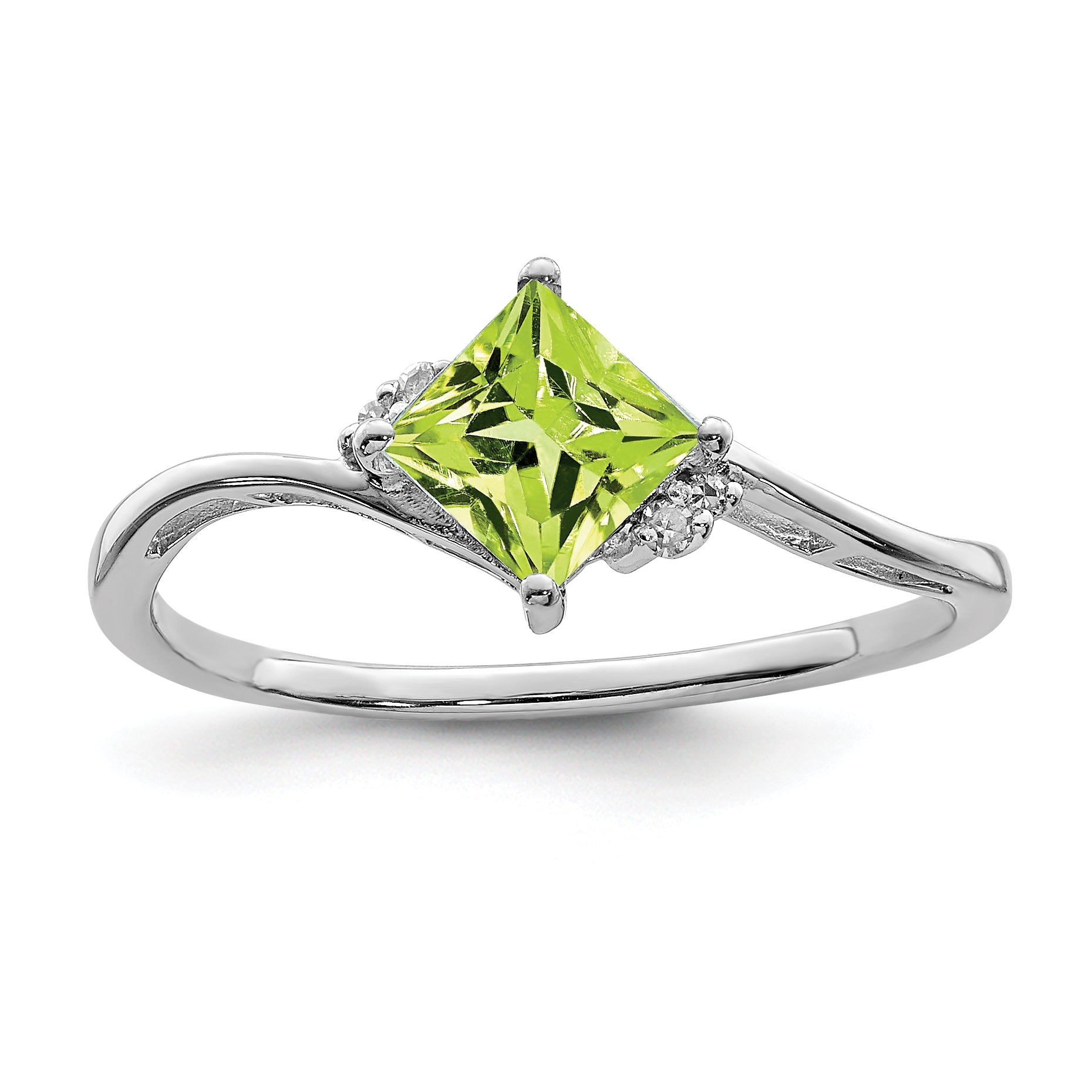 Sterling Silver Rhodium Plated Diamond & Peridot Square Ring