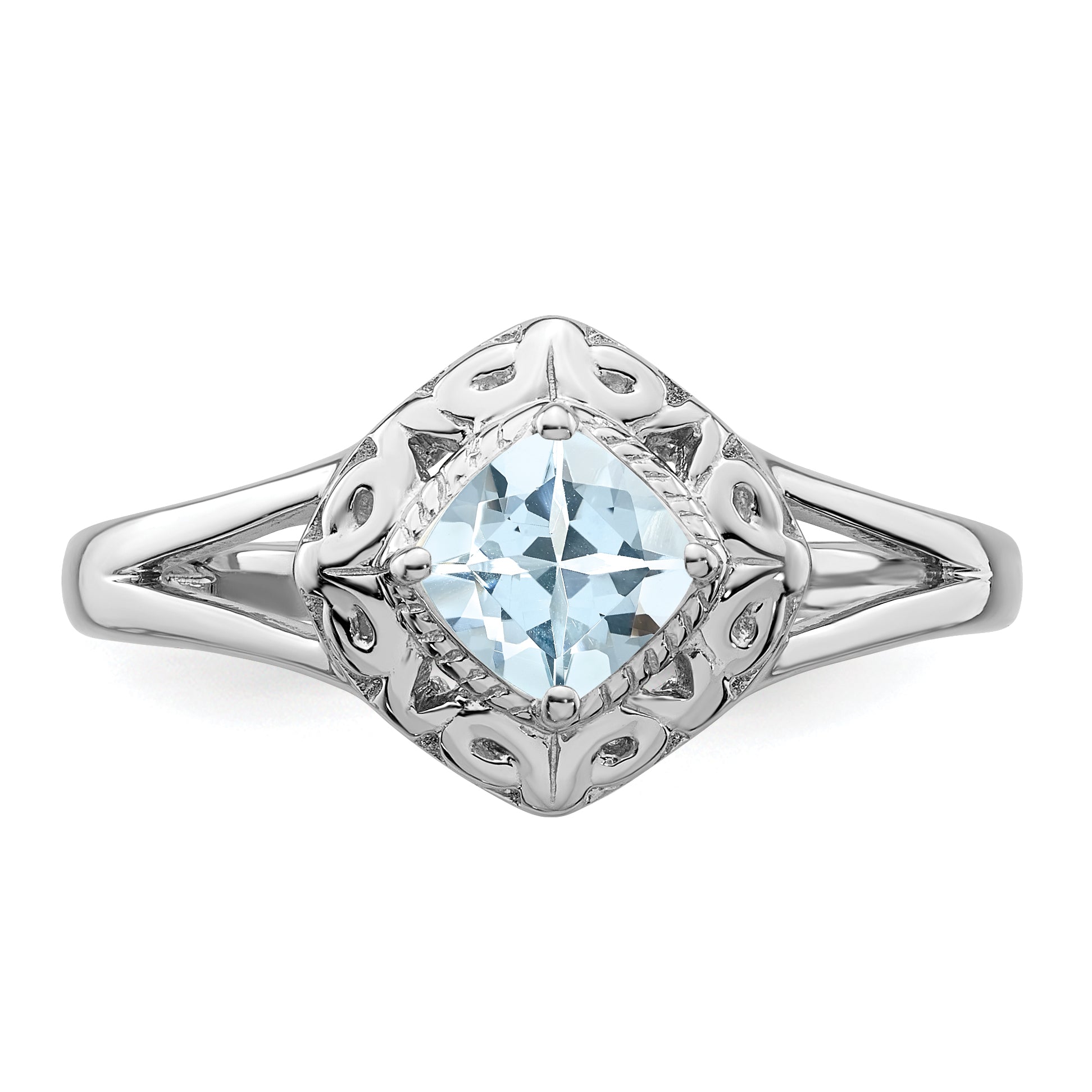 Sterling Silver Rhodium Aquamarine Square Ring