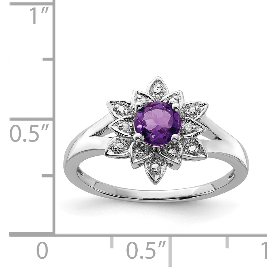 Sterling Silver Rhodium-plated Diamond & Amethyst Ring