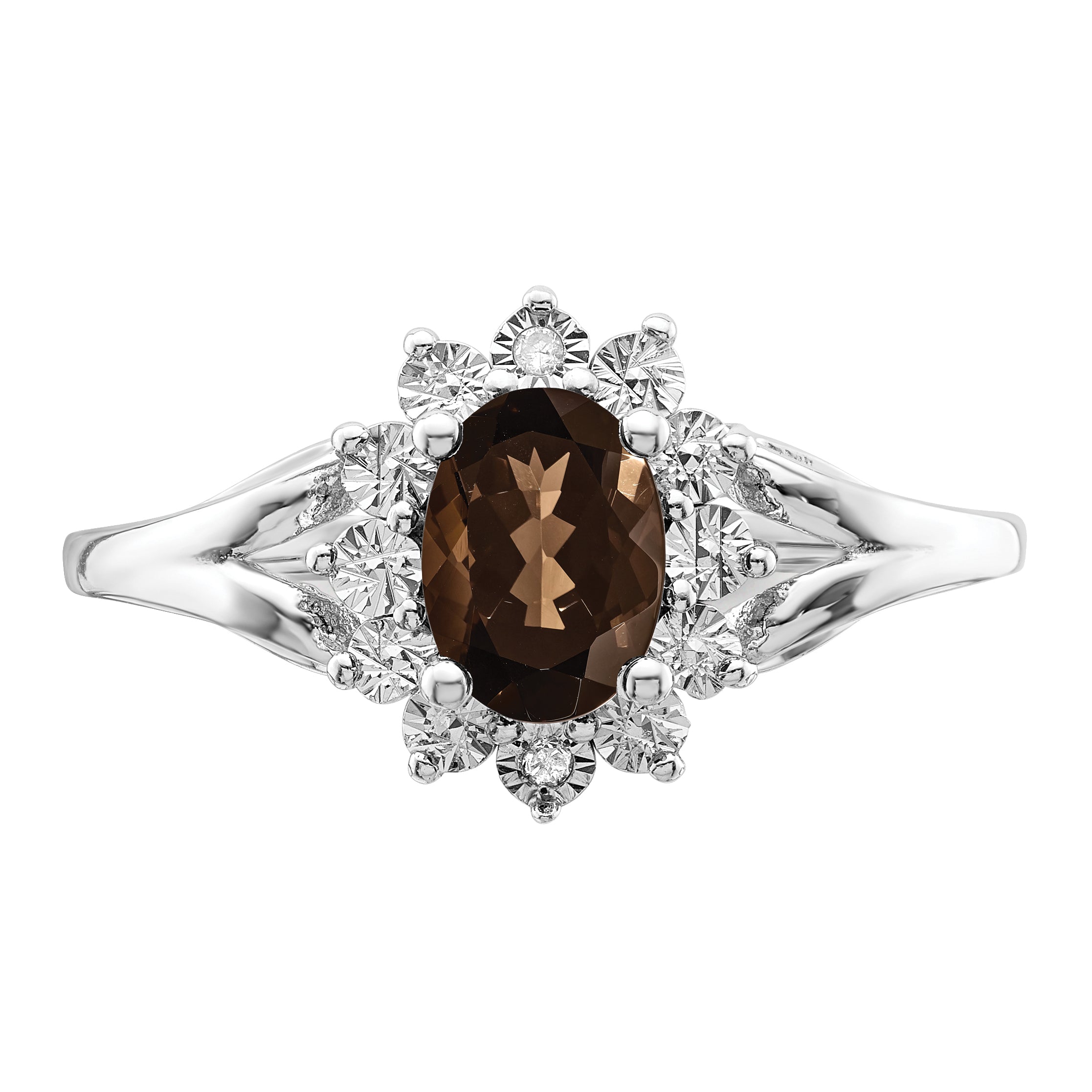 Sterling Silver Rhodium Diamond & Smoky Quartz Ring