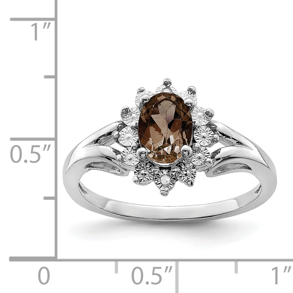 Sterling Silver Rhodium Diamond & Smoky Quartz Ring