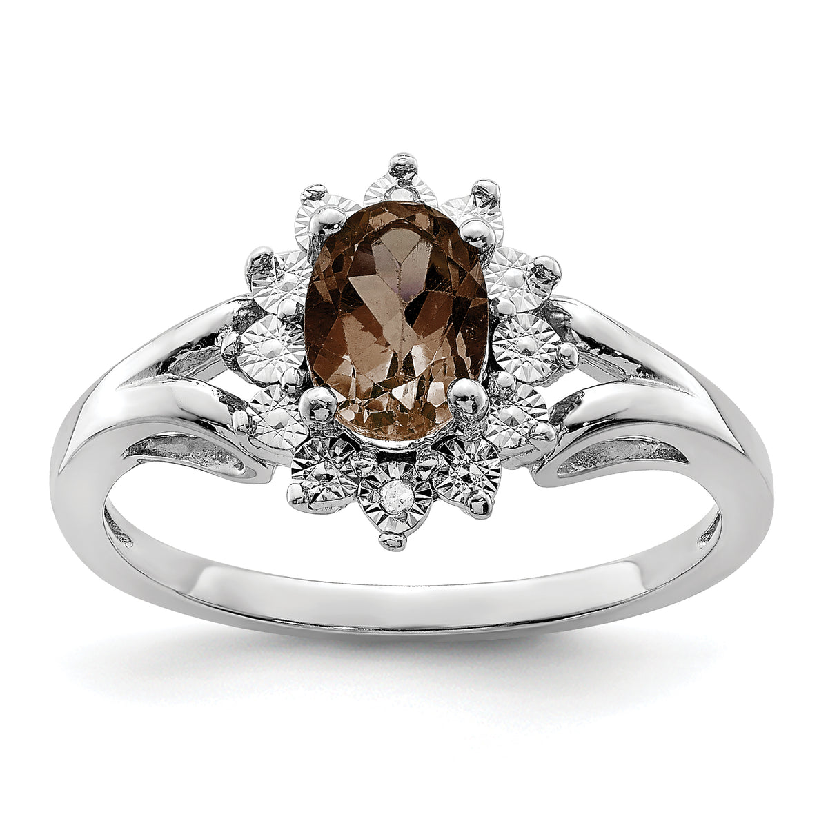 Sterling Silver Rhodium Diamond & Smoky Quartz Ring